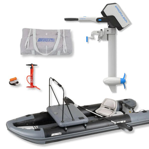 Sea Eagle FishTuff14™ inflatable skiff with Swivel Seat Package, ePropulsion Spirit 2 short-shaft electric motor with battery package, carrying bag, hand pump, and accessories displayed on a white background.