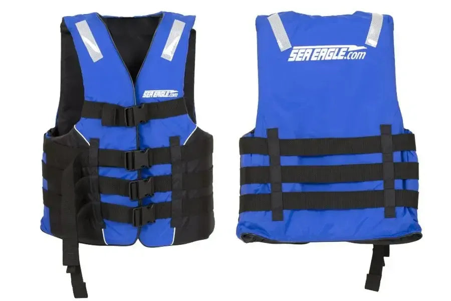 Blue Sea Eagle S/M life jacket with four black adjustable straps and reflective strips.