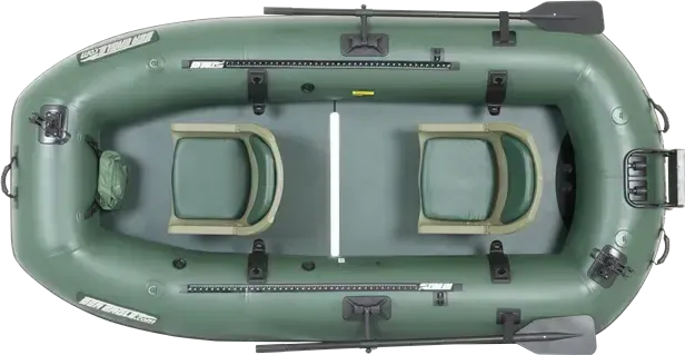 Hunter Green Sea Eagle Stealth Stalker 10 inflatable fishing boat with two seats, oars, and fish rulers.