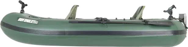 Hunter green Sea Eagle Stealth Stalker 10 inflatable fishing boat with two seats, oars, and rod holders.