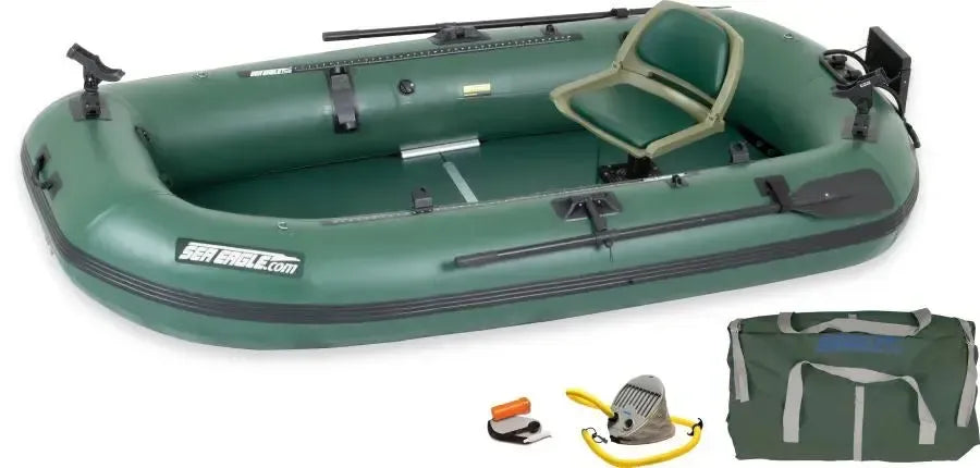 Hunter Green Sea Eagle Stealth Stalker 10 inflatable fishing boat with seat, oars, rod holders, pump, and carry bag.