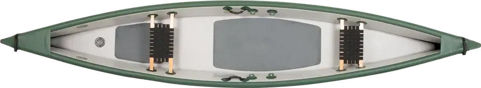 Top-down view of a green and white Sea Eagle TC16 inflatable canoe with two seats and gray deck pads.