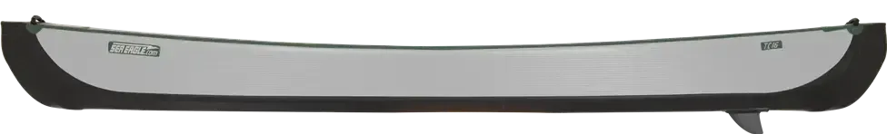 Gray and black Sea Eagle TC16 inflatable canoe with green trim and a fin, isolated.