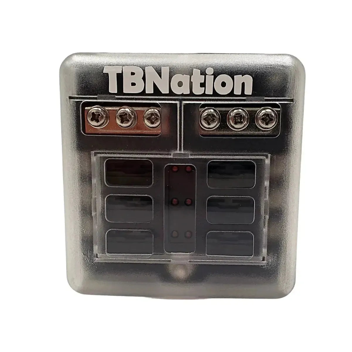 TBNation 6-way marine-grade fuse block with clear cover, negative busbar, and red indicator lights.