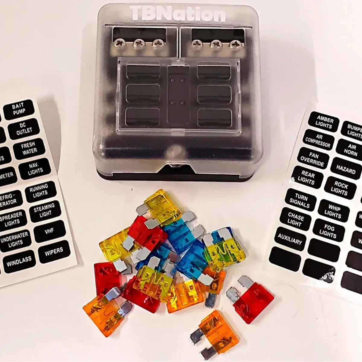 TBNation 6-way marine fuse block with clear cover, colorful fuses, and black indicator labels.