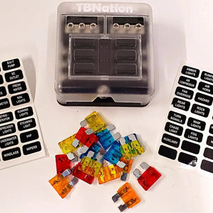 TBNation 6-way marine fuse block with clear cover, colorful fuses, and black indicator labels.