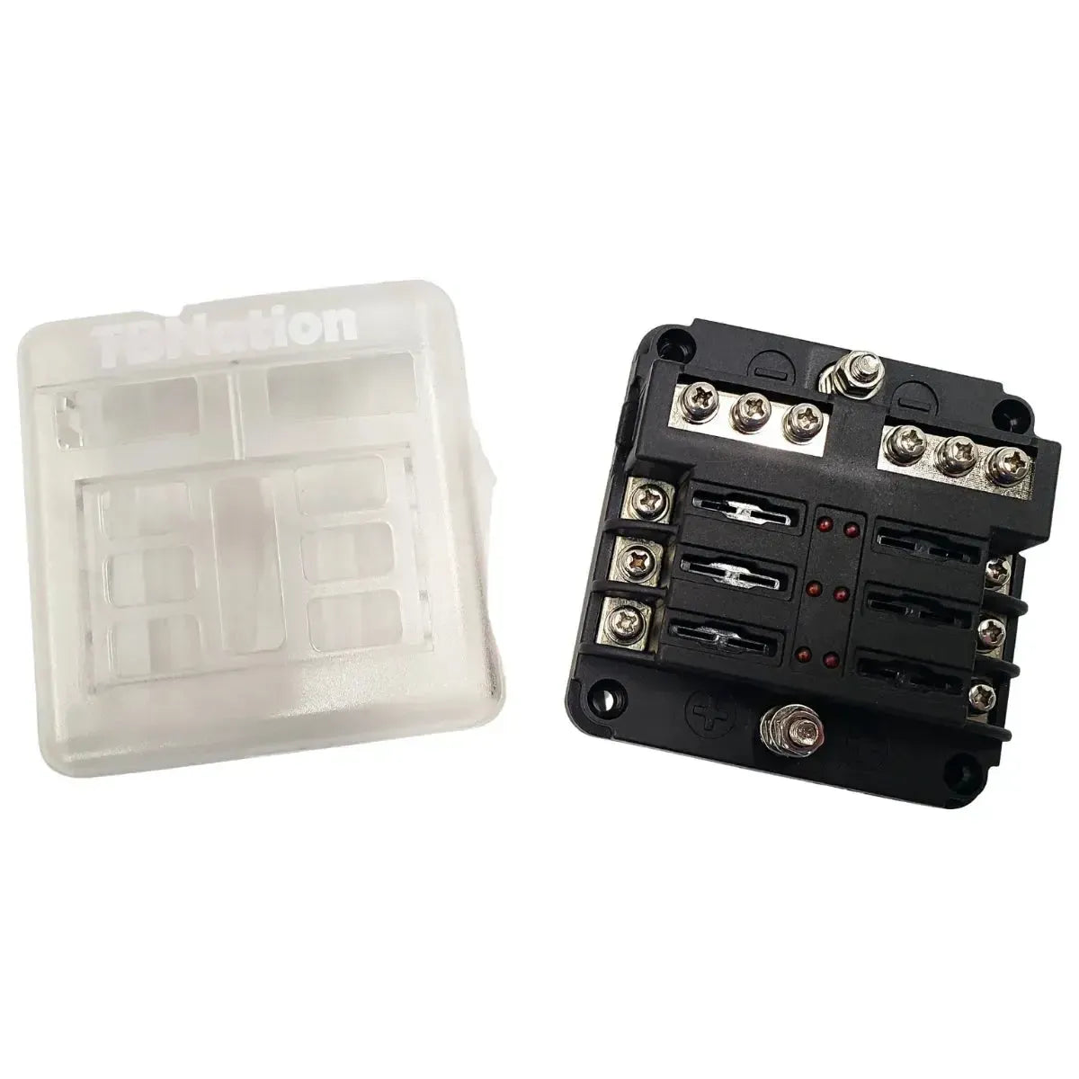 Black 6-way marine-grade fuse block with negative busbar and clear protective cover.