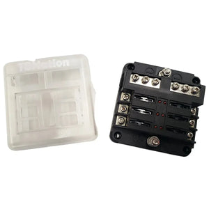 Black 6-way marine-grade fuse block with negative busbar and clear protective cover.