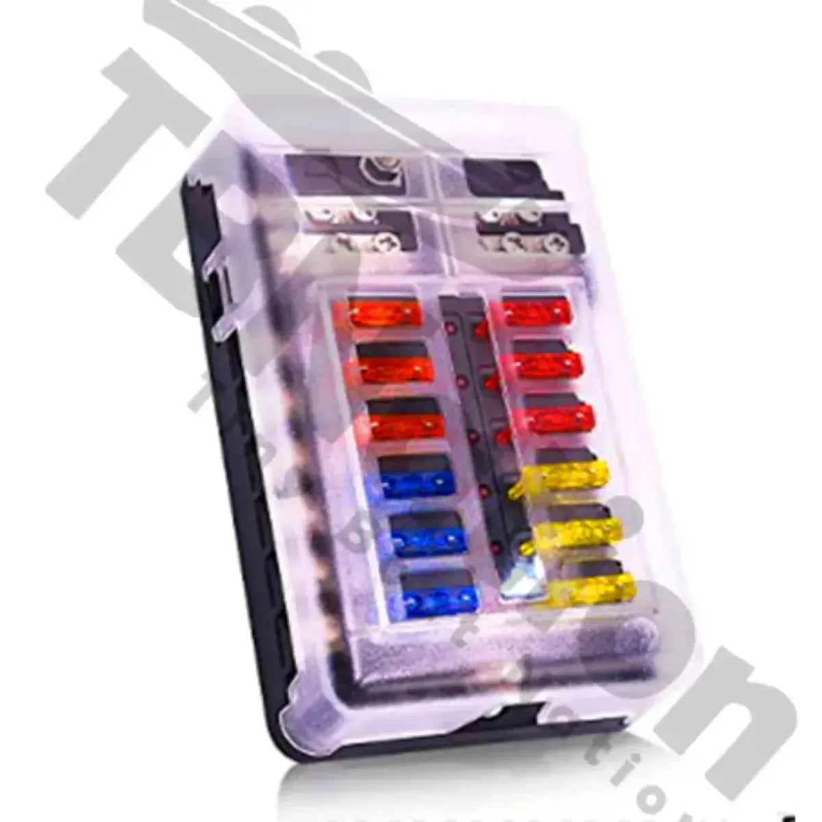 TBNation 12-way marine-grade fuse block with negative busbar, clear cover, and assorted colored fuses.
