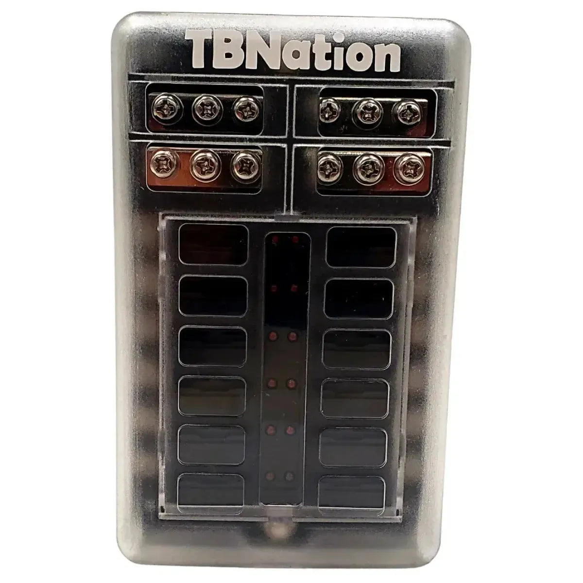 TBNation 12-way marine-grade fuse block with negative busbar, clear cover, and assorted colored fuses.