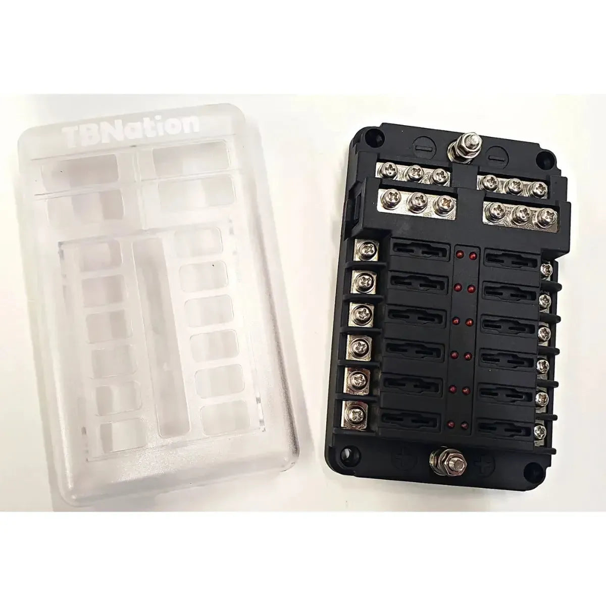 TBNation 12-way black marine-grade fuse block with negative busbar, clear protective cover, and red indicators.