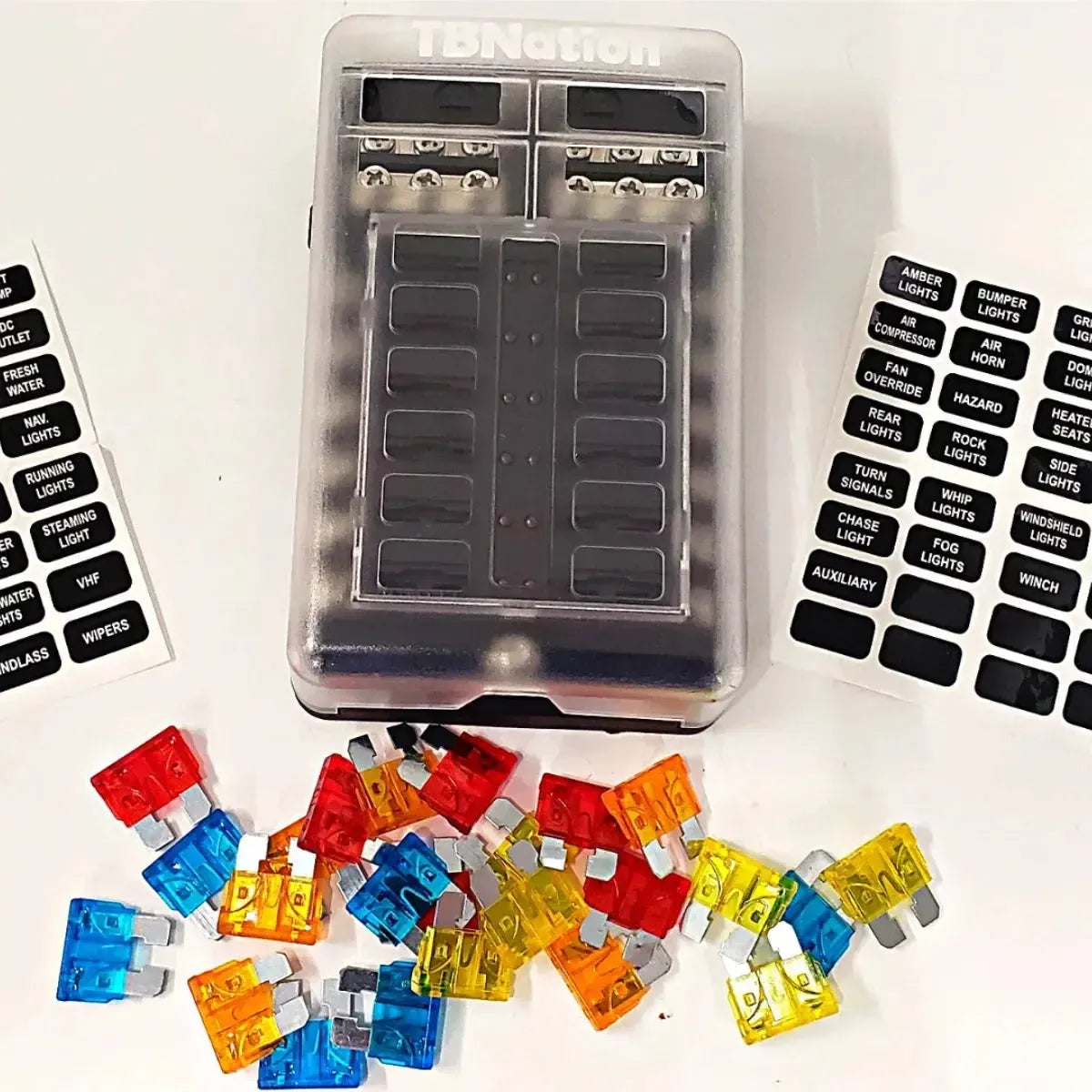 TBNation 12-way marine fuse block with clear cover, negative busbar, colorful fuses, and indicator stickers.
