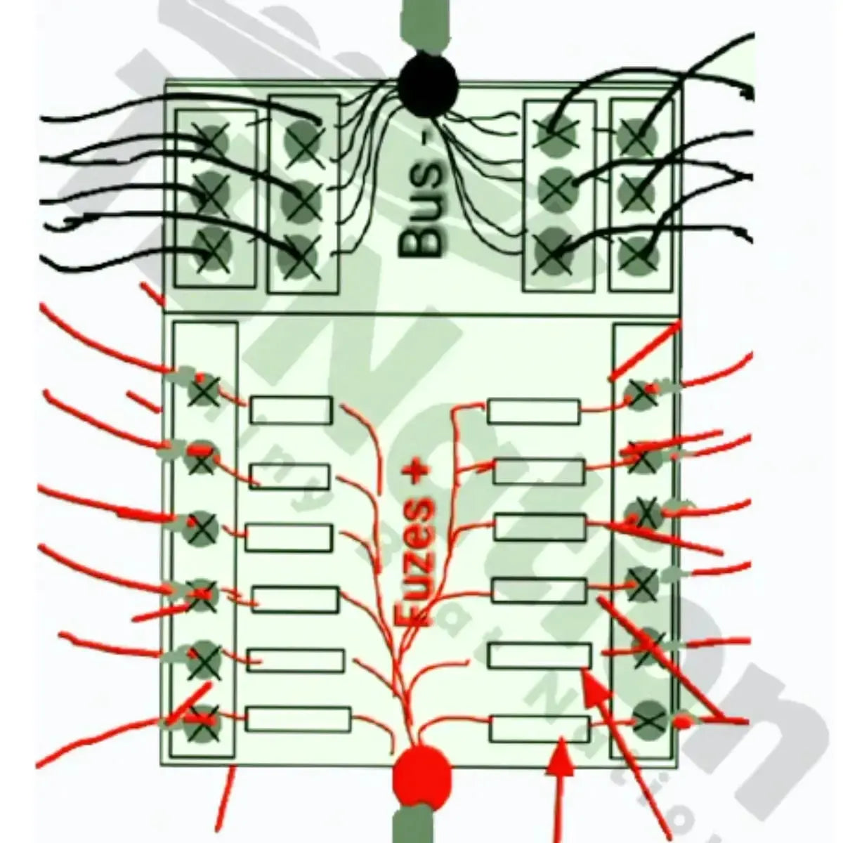 Diagram of a 12-way TBNation marine-grade fuse block with negative busbar, showing red positive and black negative wiring.