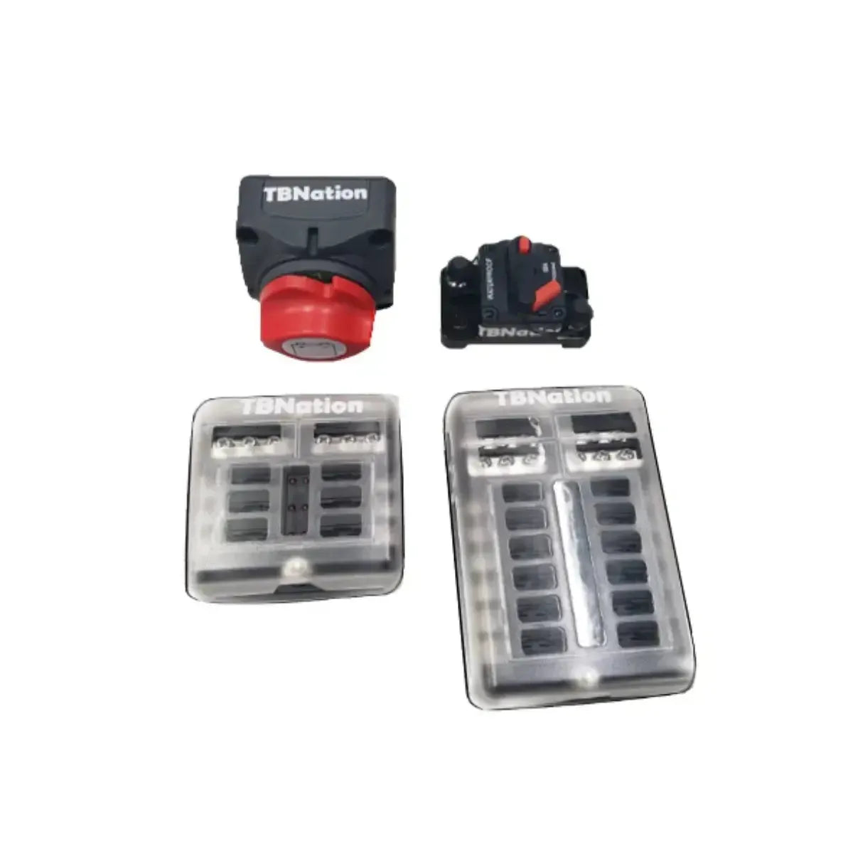 TBNation 12-way marine-grade fuse block with negative busbar, clear cover, and two black/red cutoff switches.