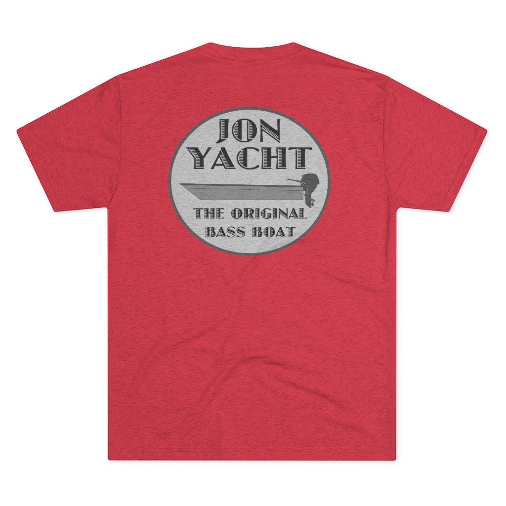 A heather red short-sleeve t-shirt shown from the back, featuring a large gray circular graphic print with the text 'JON YACHT THE ORIGINAL BASS BOAT' and a bass boat silhouette.