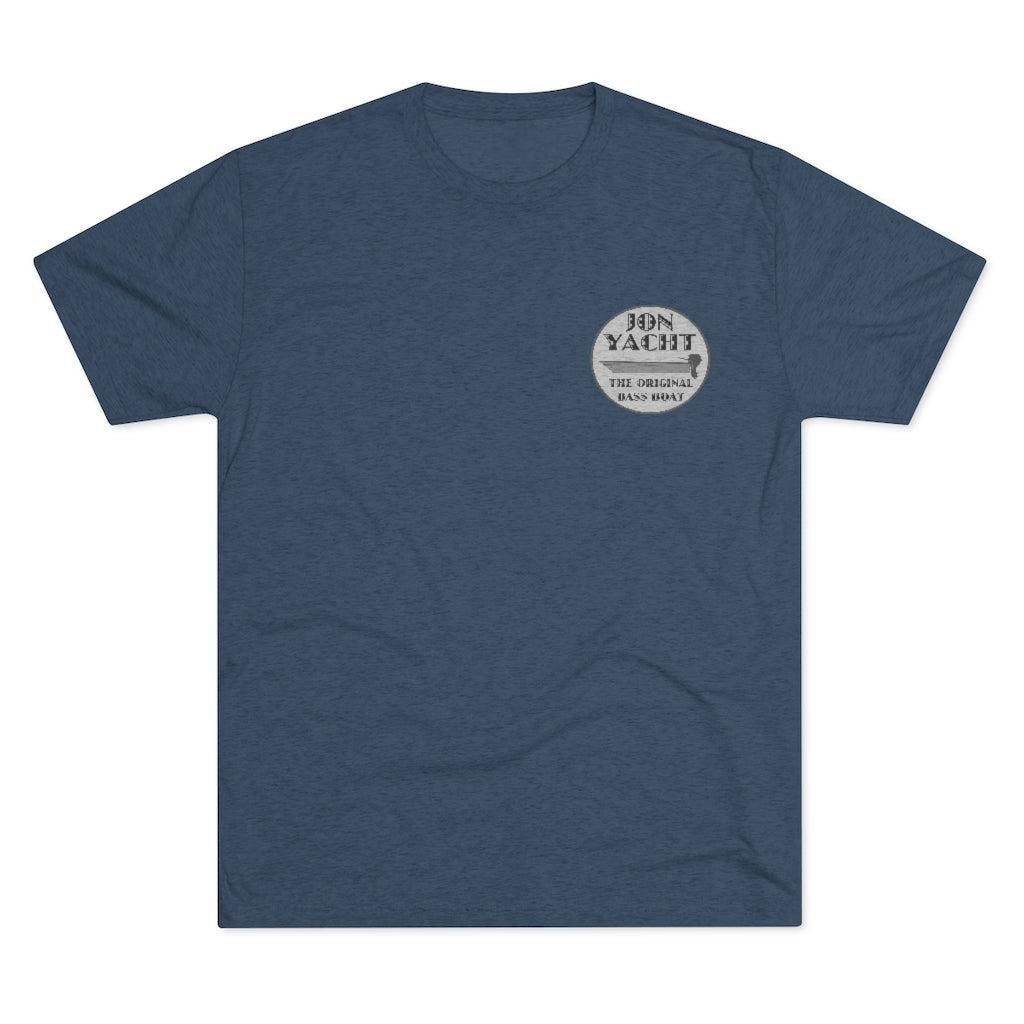 A heathered blue crewneck t-shirt with a circular graphic on the left chest reading 'jon yacht'.