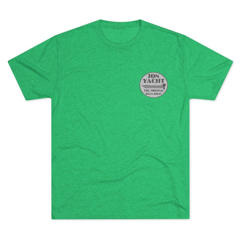 A bright green heather short-sleeve t-shirt with a circular gray graphic on the left chest reading 'JON YACHT'.