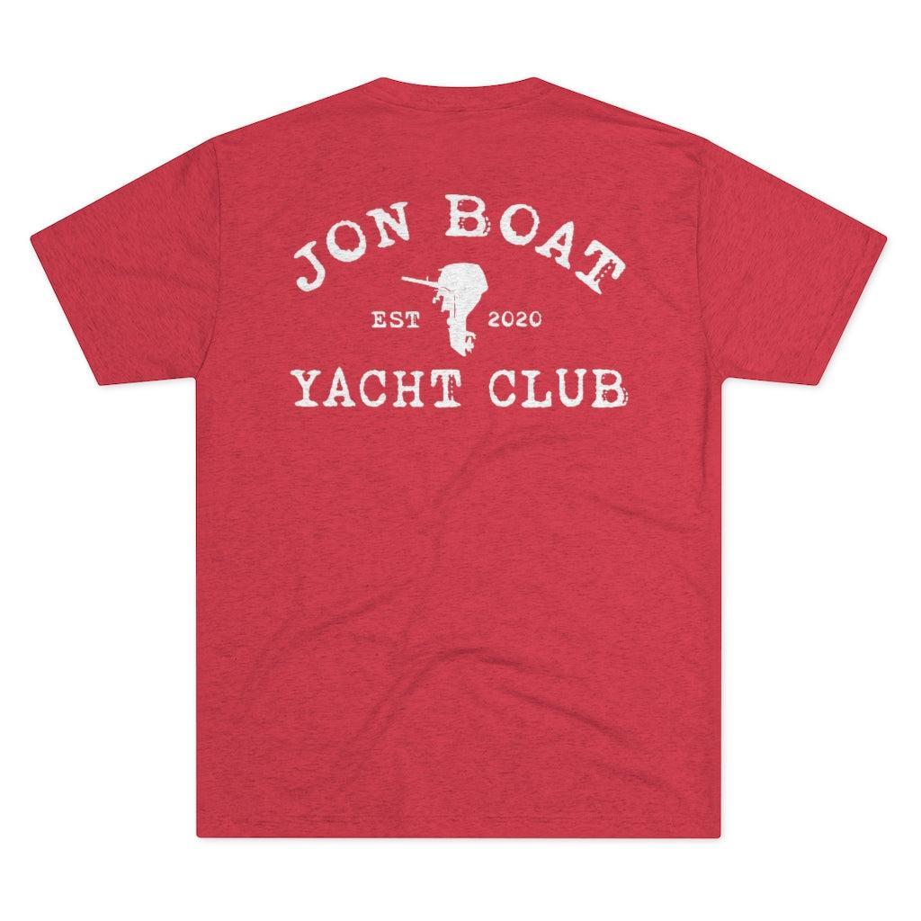 A heather red short-sleeve t-shirt shown from the back, featuring a distressed white graphic print that reads 'JON BOAT YACHT CLUB' with 'EST 2020' and a small boat silhouette in the center.