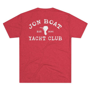A heather red short-sleeve t-shirt shown from the back, featuring a distressed white graphic print that reads 'JON BOAT YACHT CLUB' with 'EST 2020' and a small boat silhouette in the center.