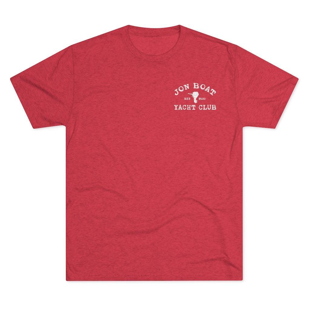A heather red short-sleeve crewneck t-shirt with a white graphic on the left chest reading 'JON BOAT YACHT CLUB' with a sailboat icon, displayed flat against a white background.