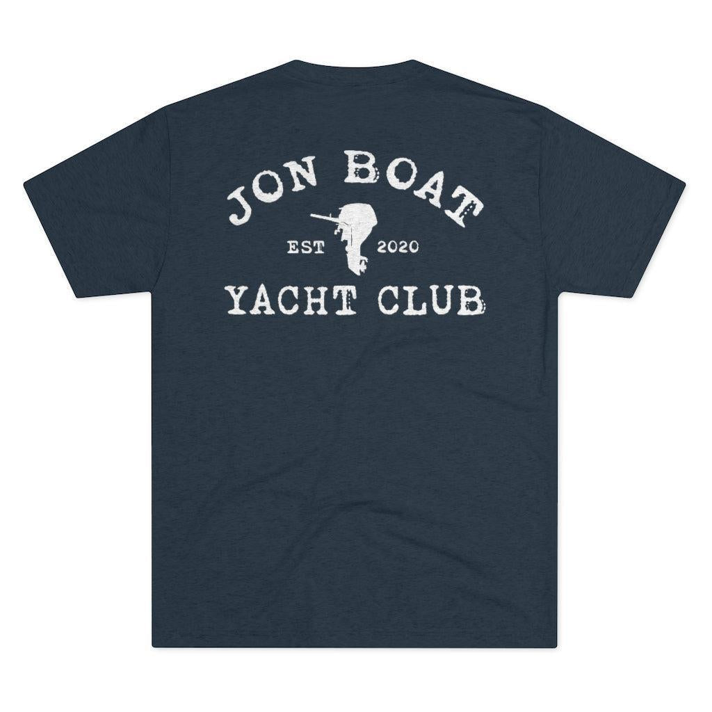 A navy blue short-sleeve t-shirt shown from the back, featuring a distressed white graphic print that reads 'JON BOAT YACHT CLUB' with 'EST 2020' and a small boat outline in the center.