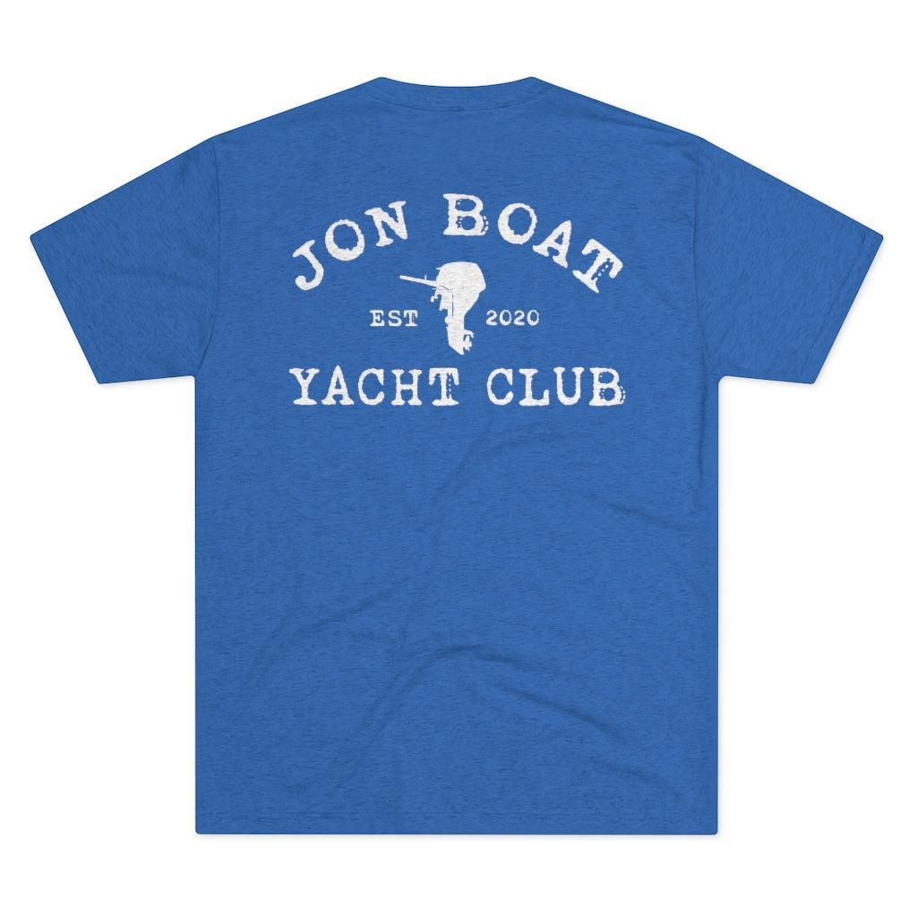 A heather blue short-sleeve t-shirt shown from the back, featuring a white graphic print that reads 'JON BOAT YACHT CLUB' with 'EST 2020' and a small boat outline in the center.