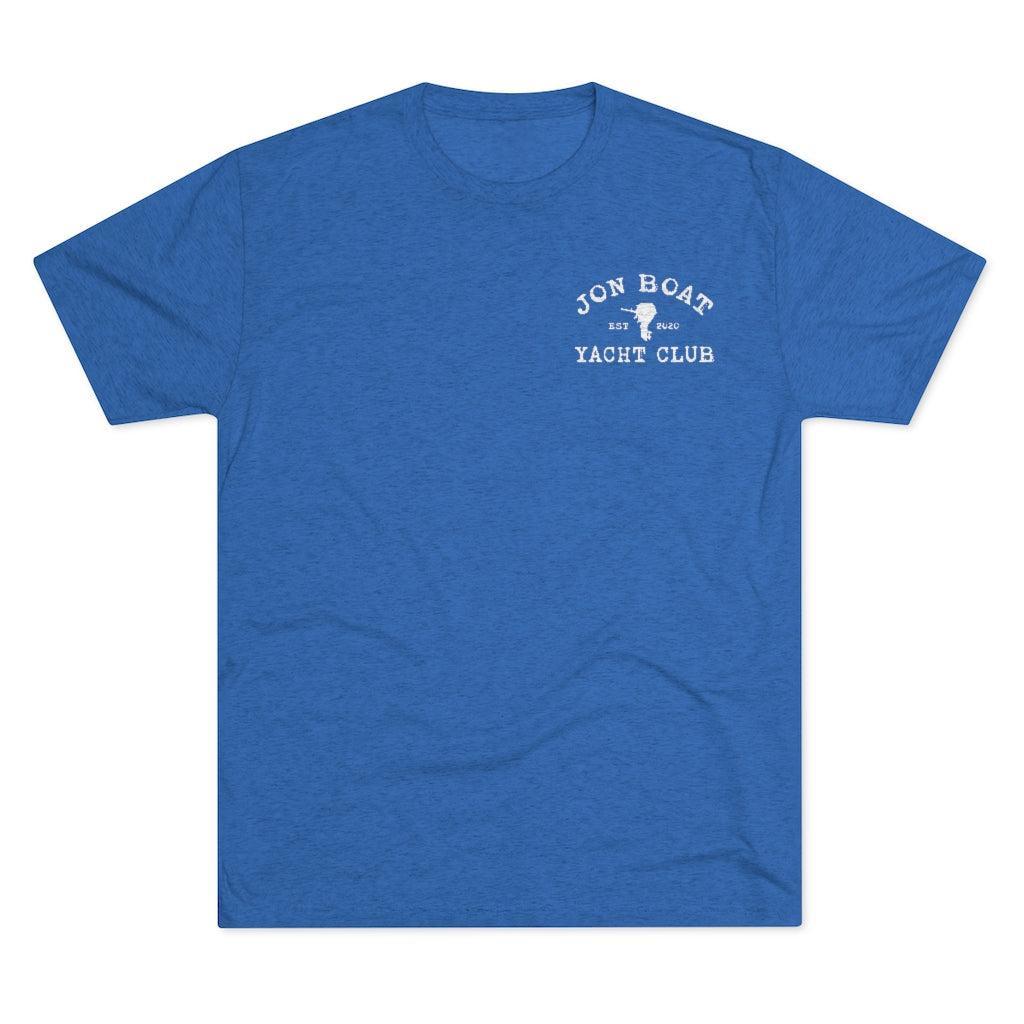 A heather blue short-sleeve crewneck t-shirt with a white graphic on the left chest reading 'JON BOAT YACHT CLUB' around a small sailboat silhouette, shown on a plain white background.