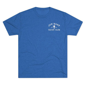 A heather blue short-sleeve crewneck t-shirt with a white graphic on the left chest reading 'JON BOAT YACHT CLUB' around a small sailboat silhouette, shown on a plain white background.
