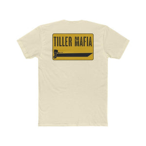 An off-white short-sleeve t-shirt shown from the back, featuring a yellow and black graphic print that reads 'TILLER MAFIA' above a large black blade silhouette.