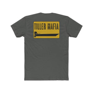 A dark gray short-sleeve t-shirt shown from the back, featuring a yellow rectangular graphic with the text 'TILLER MAFIA' in black and a black till tool illustration.