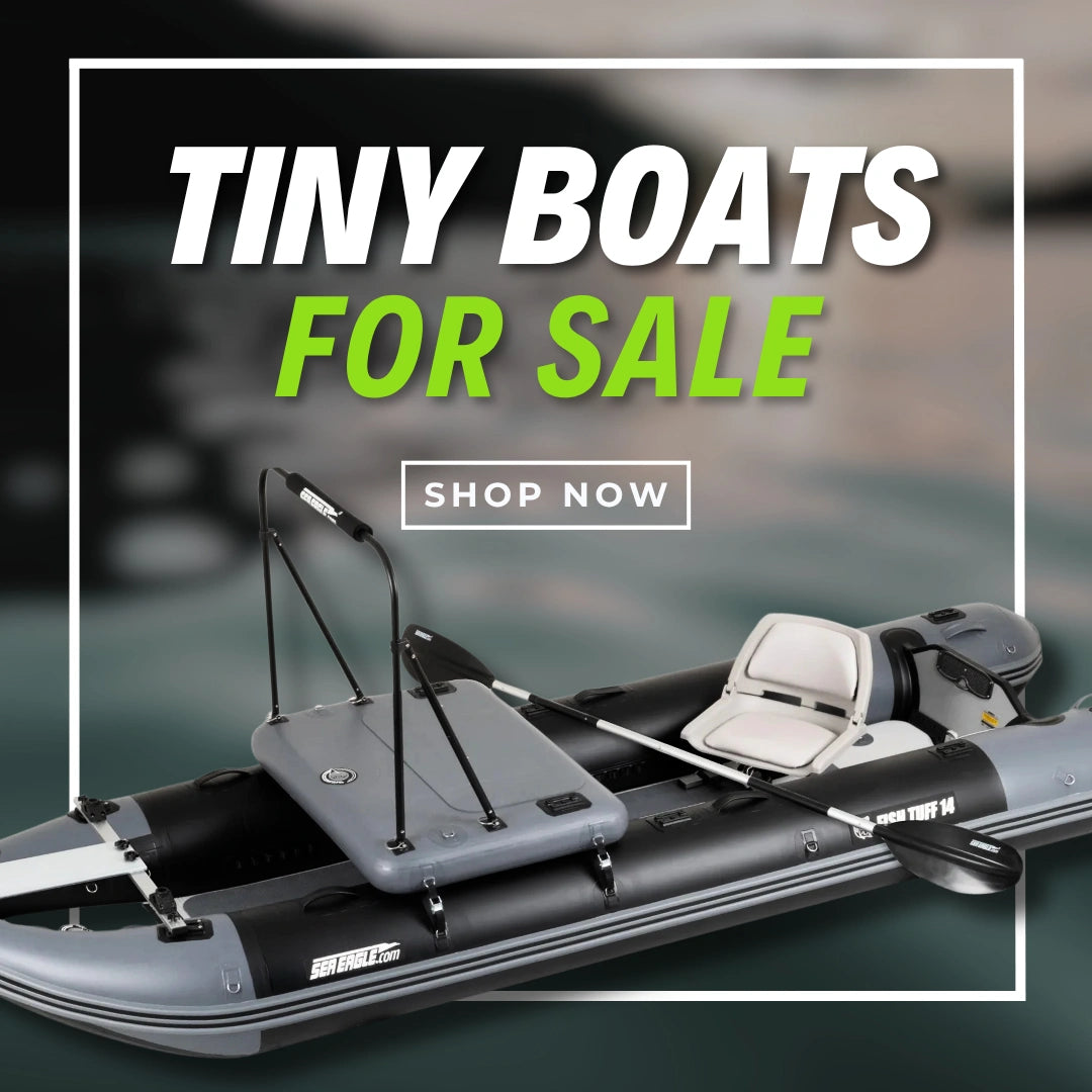 Inflatable boat with fishing gear on a blurred water background, featuring text 'Tiny Boats For Sale' and 'Shop Now'.