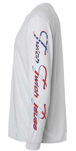 White long-sleeve shirt with colorful text design on a white background