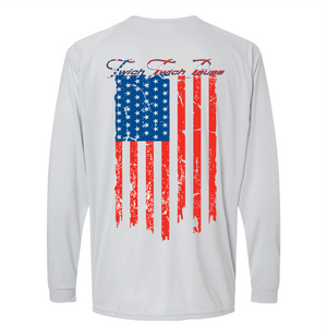 White long-sleeve shirt with American flag design on a white background