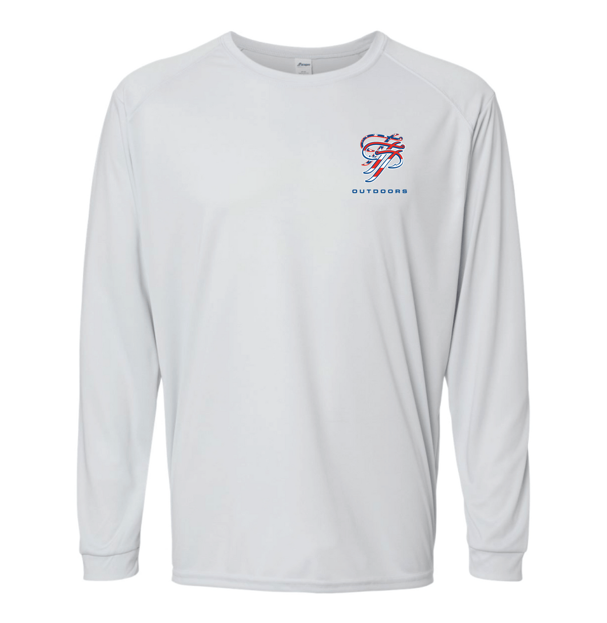 White long-sleeve shirt with a logo on the chest against a white background