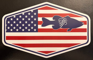 Hexagonal sign with American flag design and fish silhouette on a black background