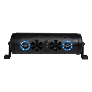 Black outdoor speaker with blue lights on a white background