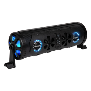 Black portable speaker with blue lights on a white background