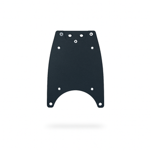 Black metal bracket with holes on a white background