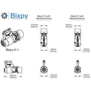 Technical diagram of Bixpy K-1 components with dimensions