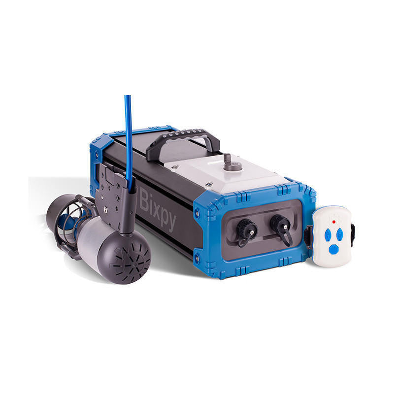 Robotic device with blue and gray color scheme on a white background