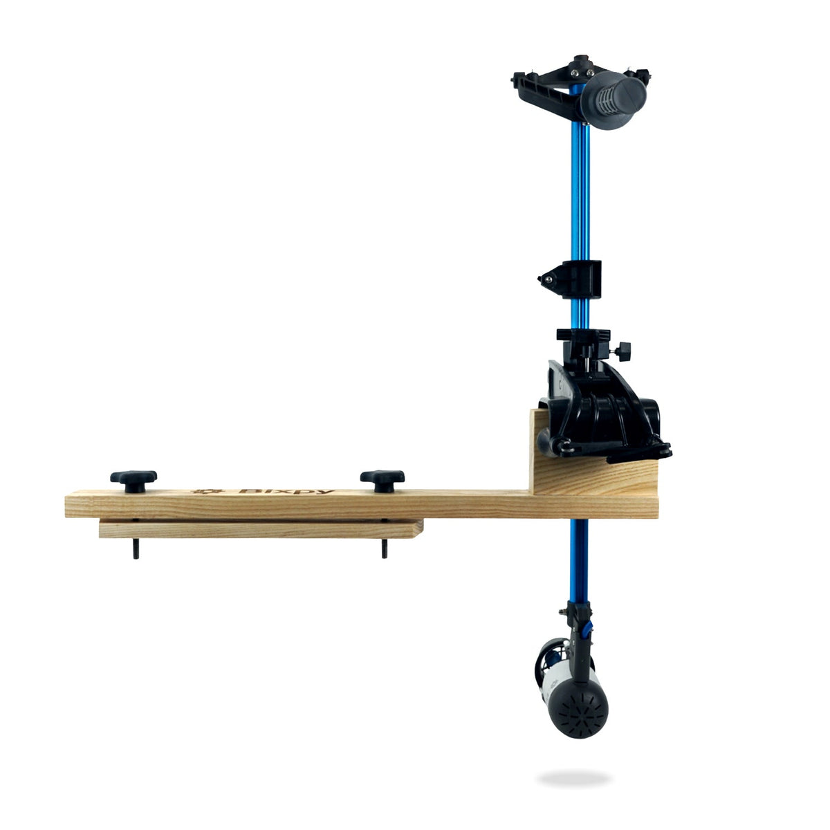 Wooden workbench with metal stand and adjustable components on a white background
