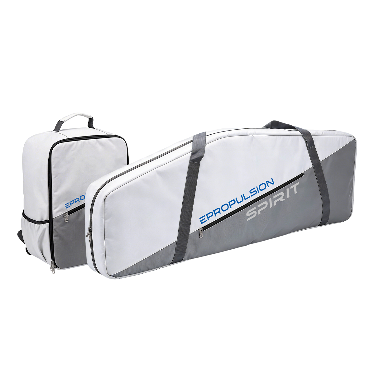 A white and gray Epropulsion Spirit travel bag with black straps and zippers, shown alongside a matching smaller zippered pouch on a plain white background.