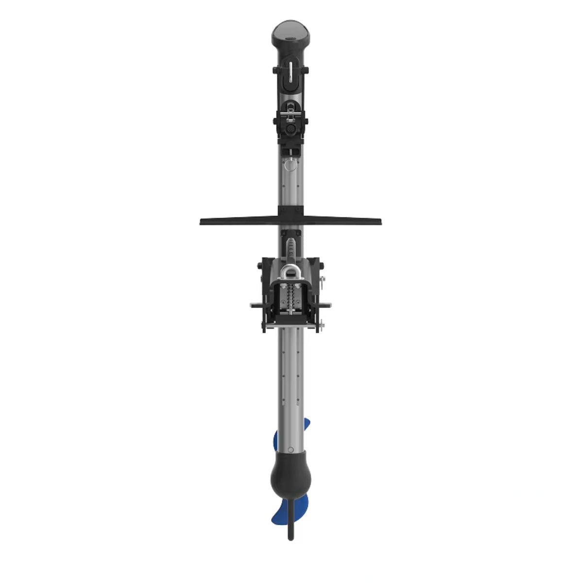 ePropulsion kLite 7500 assembly with a black and silver metal body, a black mounting bracket, and a blue multi-blade propeller at the bottom, isolated on a white background.