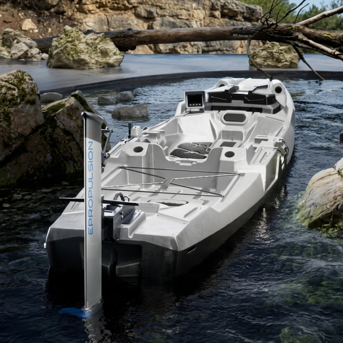 A white and black hydrofoil boat with an attached ePropulsion kLite 7500 outboard motor floating on dark water beside rocky banks.