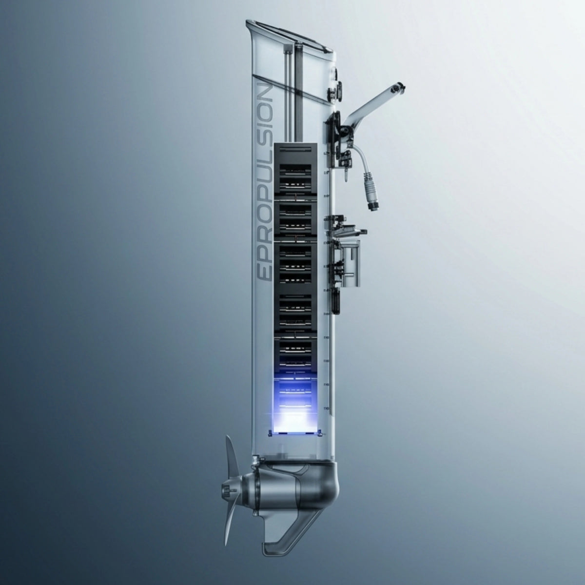 A transparent and metallic underwater ePropulsion kLite 7500 featuring a vertical transparent cylinder with internal black electronic modules, a glowing blue light section, and a silver propeller at the bottom, set against a gradient gray background.