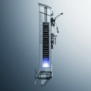 A transparent and metallic underwater ePropulsion kLite 7500 featuring a vertical transparent cylinder with internal black electronic modules, a glowing blue light section, and a silver propeller at the bottom, set against a gradient gray background.