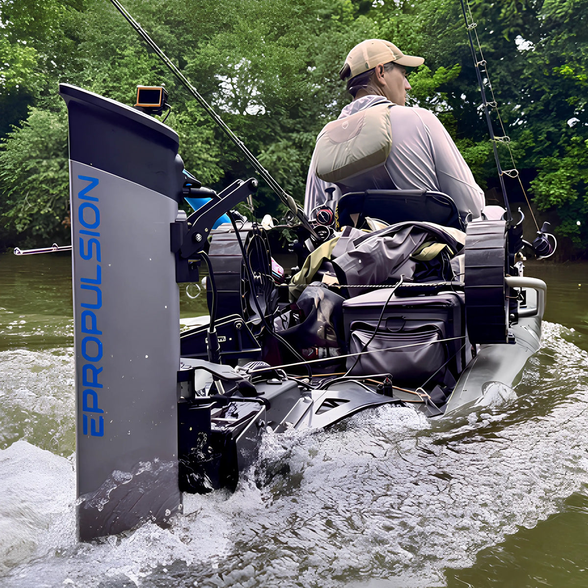 A person sits in a motorized fishing boat on a river, viewed from behind. The boat has a large gray and black Epropulsion propeller unit on the left side, fishing rods, gear bags, and a green forest in the background.