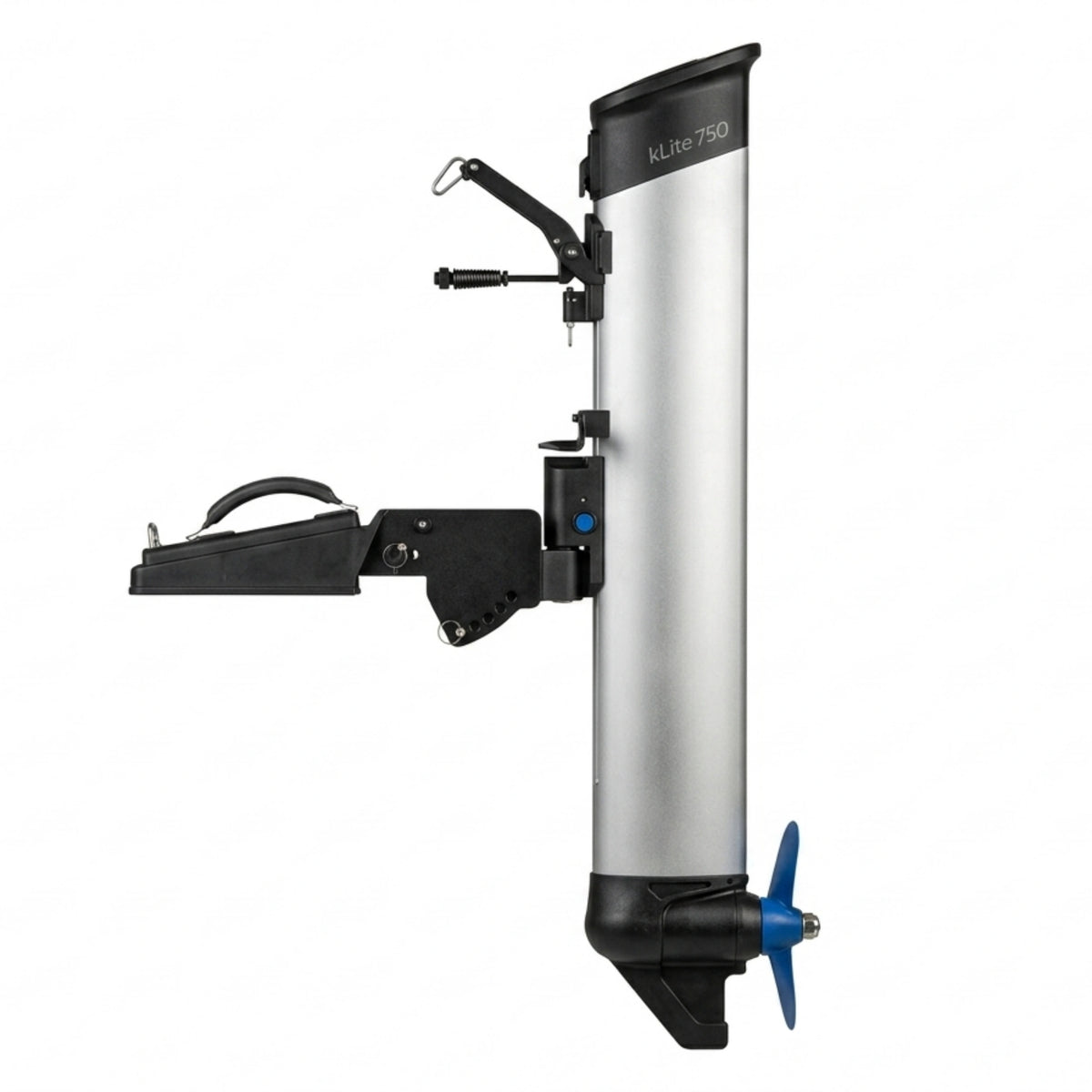 A ePropulsion kLite 7500 marine electric trolling motor with a silver cylindrical motor housing, black mounting brackets, and a blue propeller, shown against a solid white background.