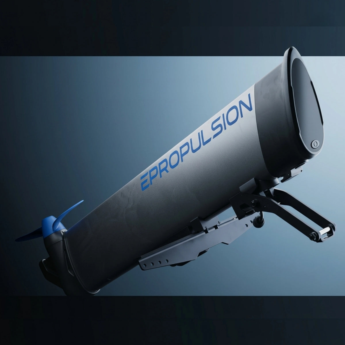 A sleek ePropulsion kLite 7500 shown at an angle against a dark blue gradient background. The body is primarily dark gray and black with blue accents on the thruster and branding.