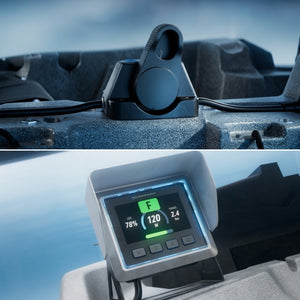 A split image showing a black electronic device mounted on a textured gray surface in the top panel, and the same device in the bottom panel with its illuminated display visible. The display shows battery or power metrics of ePropulsion kLite 7500 outboard motor